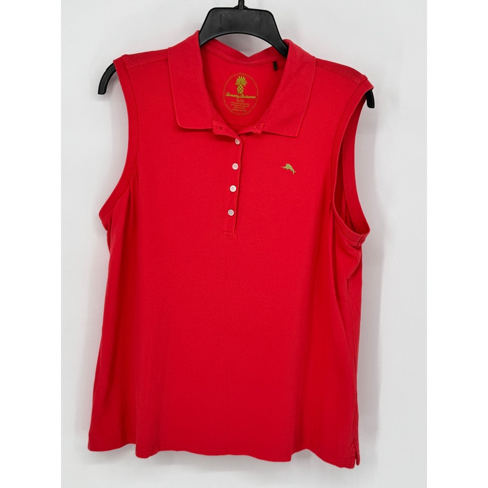 Tommy Bahama Sleeveless Polo Shirt Womens XL Red Good Cotton Stretch Marlin Logo